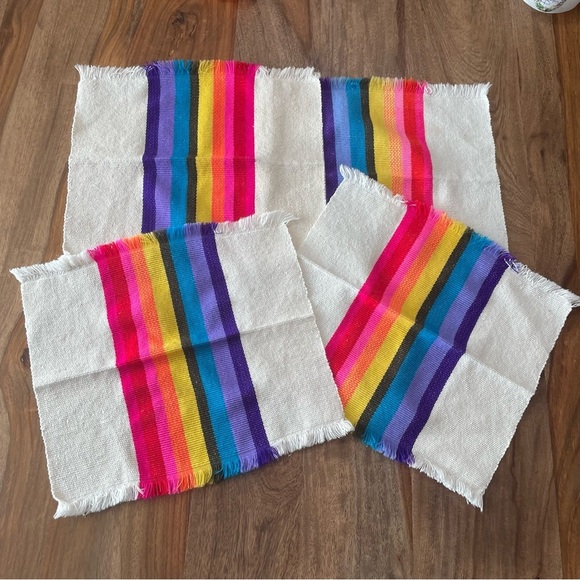 None Other - Striped Rainbow Fringe Edge Placemat Square Corners Set of 4 Picnic Retro Bright
